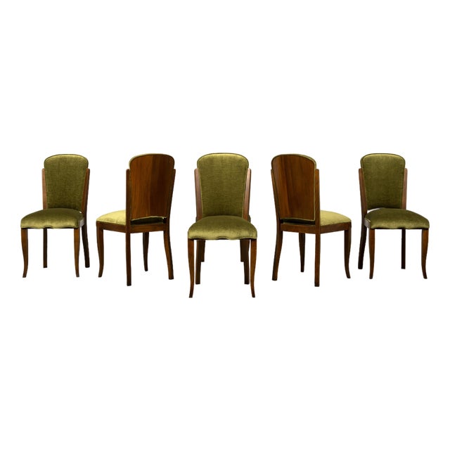 Set of Six 1930s French Art Deco Maple Dining Chairs in Olive Green Velvet For Sale