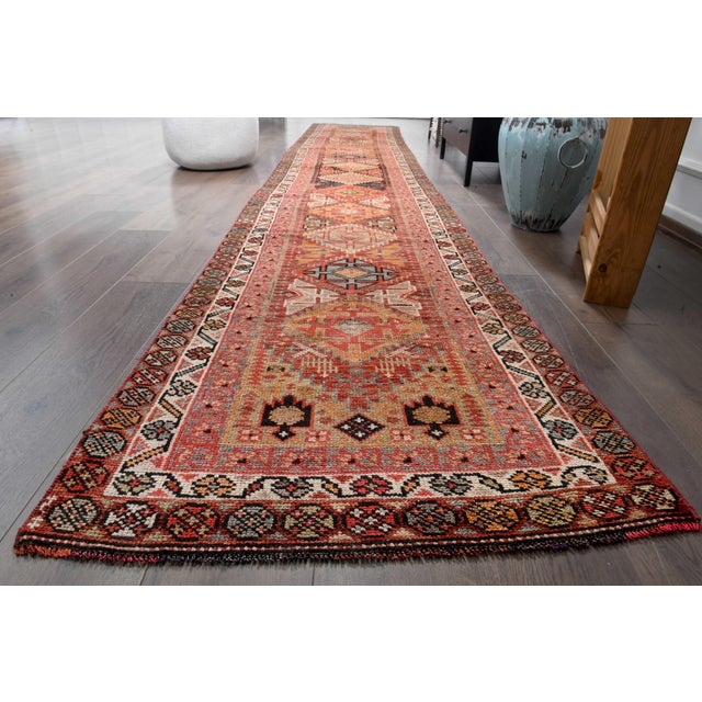 Ruby Red 1970s Vintage Handmade Wool Cotton Orange Runner Rug For Sale - Image 8 of 11