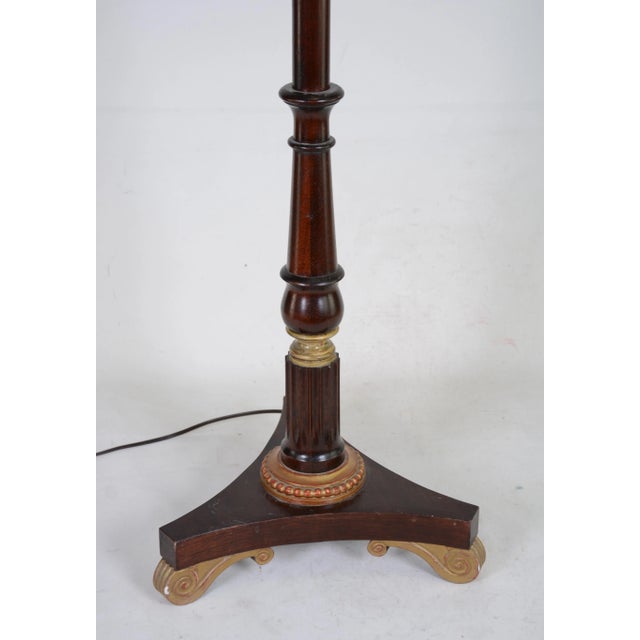 1990s Vintage Darker Wood Stain Floor Lamp With Gold Color Scroll Tripod Feet For Sale - Image 5 of 6
