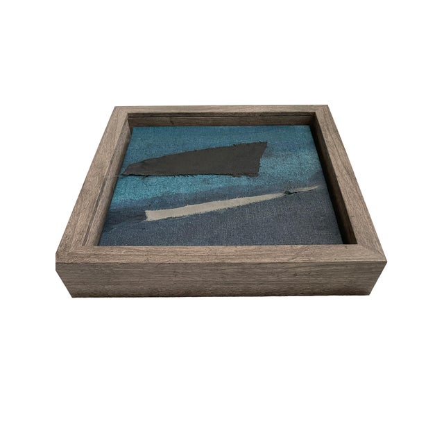 Miniature Navy and Gray Abstract Collage Painting in Shadow Box Frame – Modern Bookshelf Art Decor For Sale In Austin - Image 6 of 12