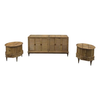 Late 20th Century Postmodern Burlwood & Fluted Door Nightstands With Matching Dresser, 3 Pieces For Sale