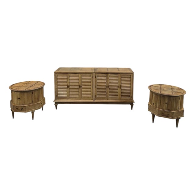 Late 20th Century Postmodern Burlwood & Fluted Door Nightstands With Matching Dresser, 3 Pieces For Sale