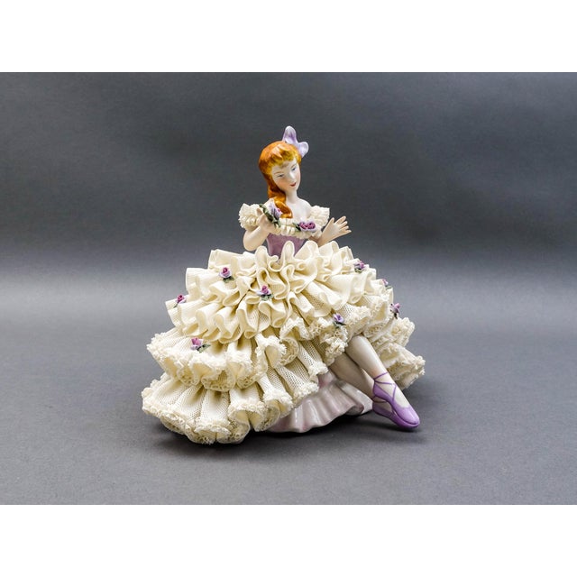 Dresden Porcelain Early 19th Century Dresden Germany Large Ballerina Holding Flower Porcelain Lace Figurine (Read) For Sale - Image 4 of 11