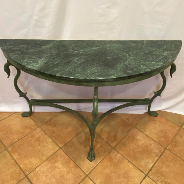 French vintage wrought iron with with a verdigris bronze finish demi-lune console table from the mid 20th century, This...