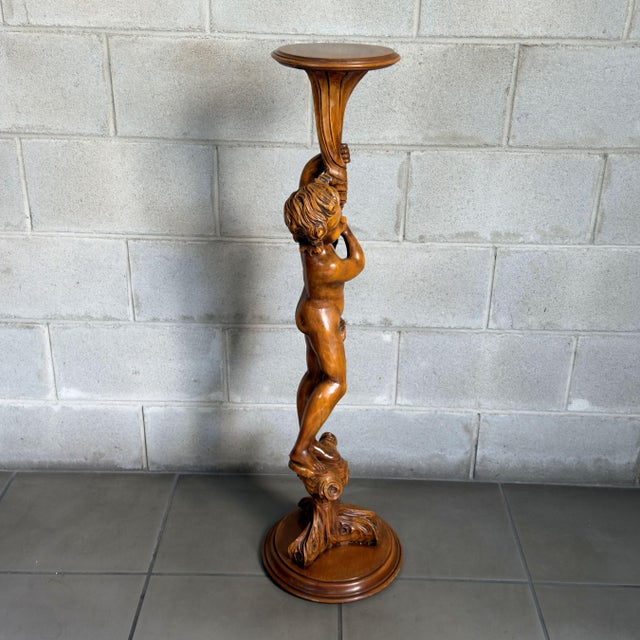 Vintage Italian Carved Wooden Cherub Pedestal Column from Artigianato Italiano, 1960s For Sale - Image 4 of 10