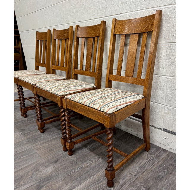 Cream Vintage English Style Barley Twist Tiger Oak Pub Dining Chairs - Set of 4 For Sale - Image 8 of 13