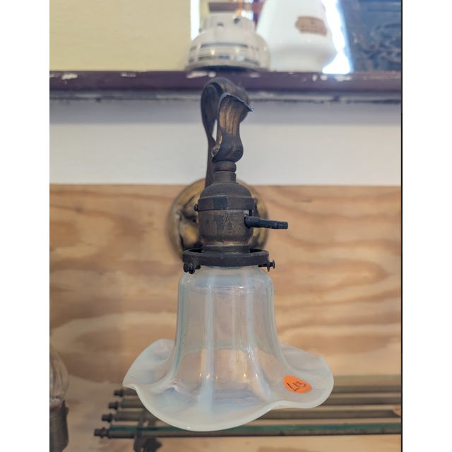 1900's Victorian Brass Sconces With Trumpet Shades For Sale - Image 4 of 5