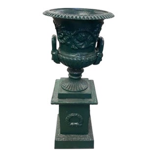 Vintage Neoclassical Cast Iron Garden Urn on Wreath Pedestal - Hunter Green For Sale