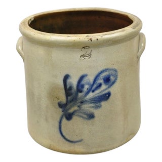 Antique Stoneware Two Gallon Crock With Cobalt Blue Slip Trailed Floral Design For Sale