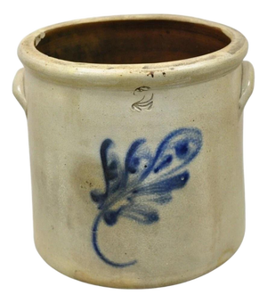 Antique Stoneware Two Gallon Crock With Cobalt Blue Slip Trailed Floral Design