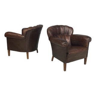 Italian Art Deco Brown Leather Lounge chairs by Saracchi, 1930s, Set of 2 For Sale
