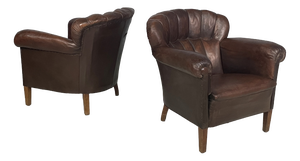 Italian Art Deco Brown Leather Lounge chairs by Saracchi, 1930s, Set of 2