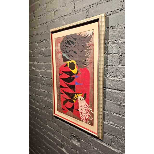 Metal Tadashi Nakayama "Akai Fuku" (Red Coat) Vintage 1957 Japanese Woodblock Print For Sale - Image 7 of 10