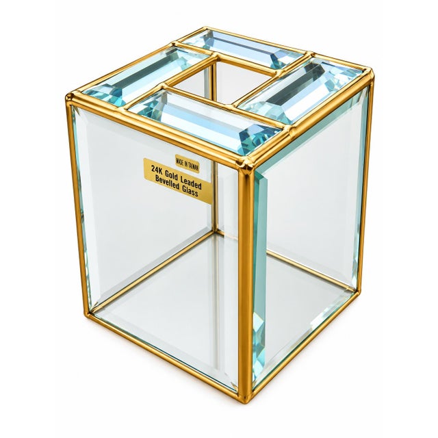 Vintage 1980s 24k Gold Leaded Beveled Glass Wastebasket & Tissue Box Cover For Sale - Image 4 of 12