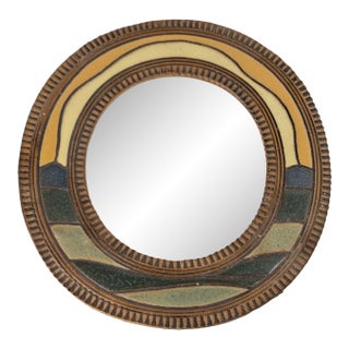 Late 20th Century Decorative Round Art Pottery Accent Mirror For Sale