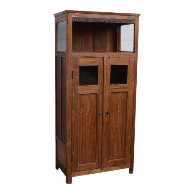 Reclaimed Teak Wood Display Cabinet With Upper Open Shelf For Sale