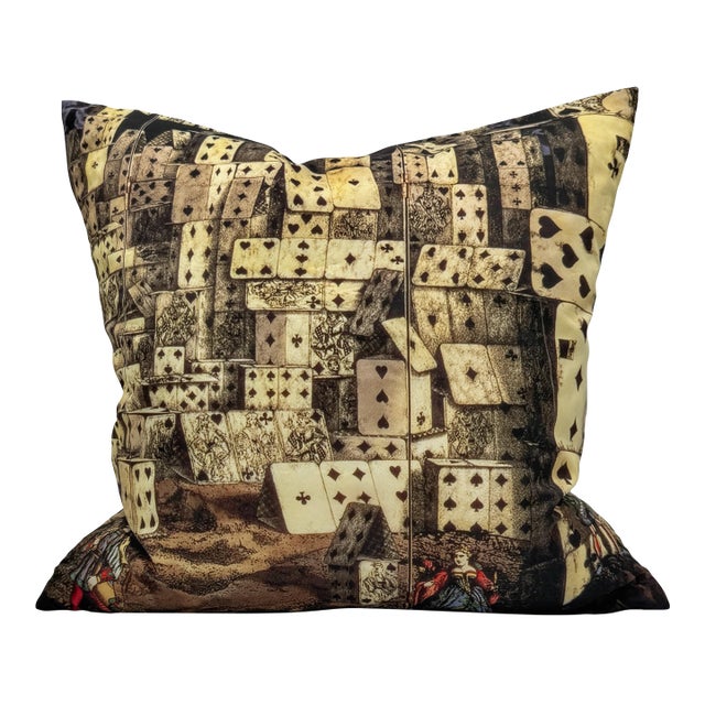 Fornasetti Style House of Cards Silk Down Throw Pillow For Sale