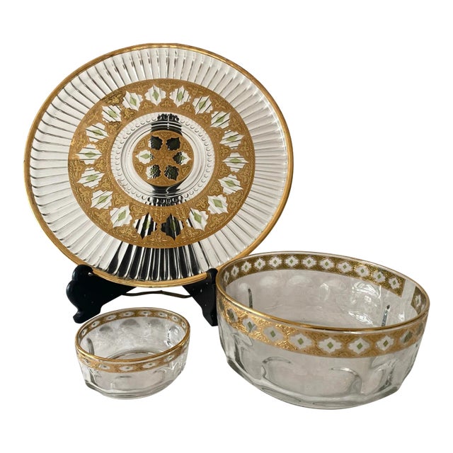 Culver Valencia Gold Filigree With Green Accents Serving Pieces- Set of 3 Excellent "Mint" Condition Mid 20th Century For Sale