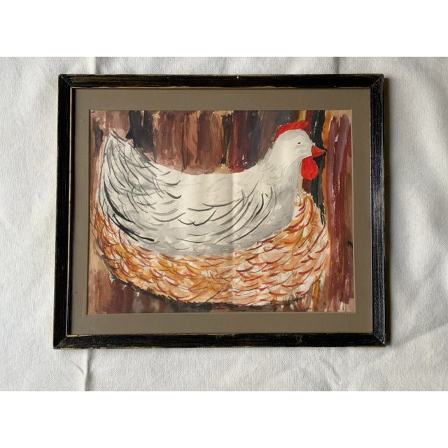 Rustic Mid-Century Portrait of Hen in Basket - Charming Rustic Country House Art For Sale - Image 3 of 9