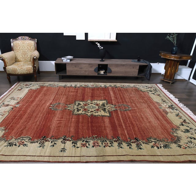 1970s 1970s Vintage Turkish Handmade Wool & Cotton Red Area Rug For Sale - Image 5 of 10