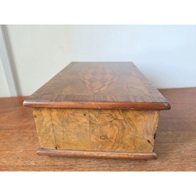 Wood Antique Walnut Marquetry Jewelry Box With Key, Burl Wood Keepsake Box, Red Velvet Lined Locking Treasure Chest, Desk Box For Sale - Image 7 of 16