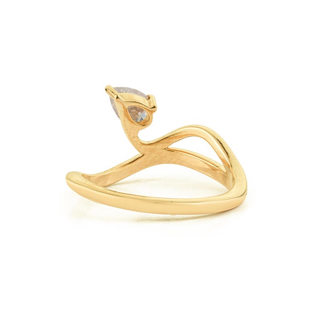 White Modern Sculptural Pear Cut Diamond Solitaire Wave Ring Size 5 in 14k Yellow Gold For Sale - Image 8 of 14