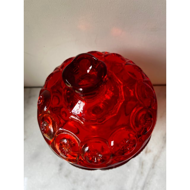 The Vintage L E Smith Amberina Ruby Red Moon And Stars 12" Pedestal Dish With Lid is a stunning piece of mid-century...