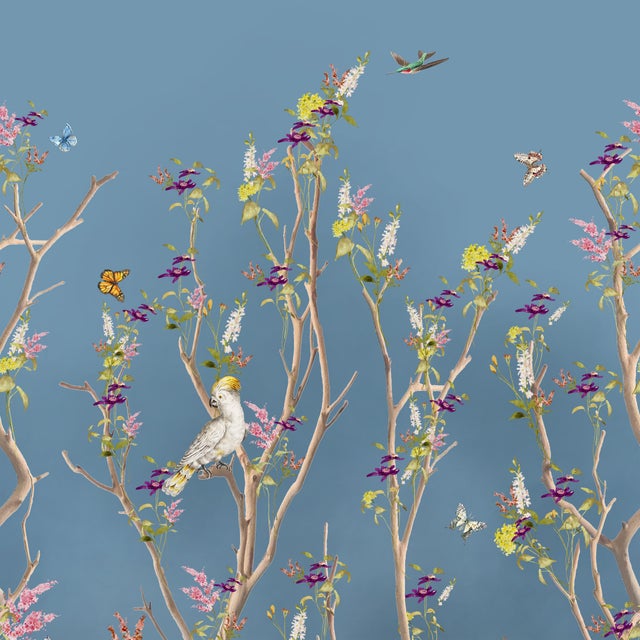 Trailing Garden — French Blue by FYNCHIE Airy botanical wallpaper with climbing branches, delicate florals, and small...
