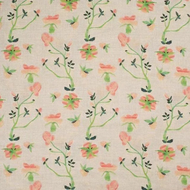 Dianthus Rose Print on Natural Linen Fabric For Sale