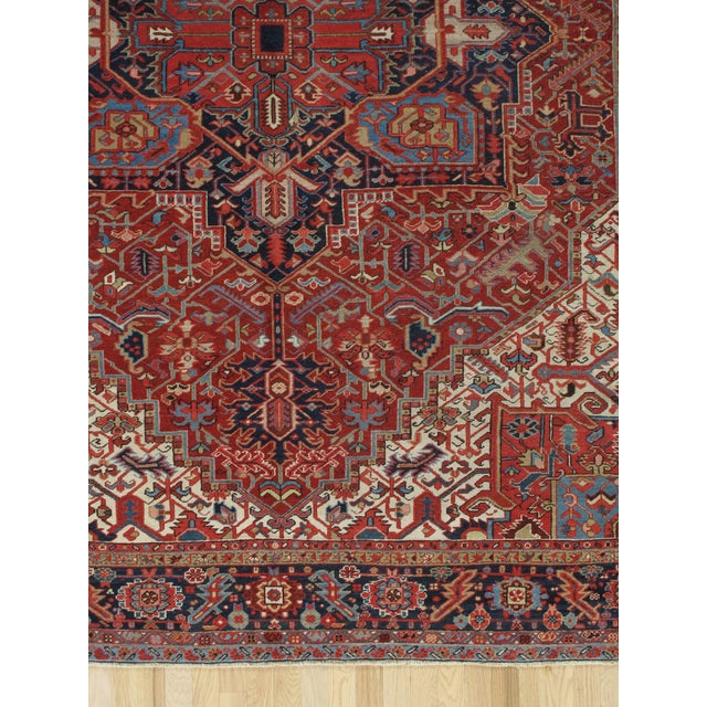 Antique Persian Heriz Carpet Handmade Wool Oriental Rug, Rusty/Red Field, Navy For Sale - Image 16 of 18