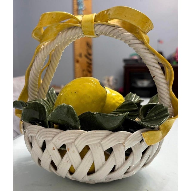 Vintage Italian Majolica Ceramic Lemon Basket With Bow & Woven Handle For Sale - Image 4 of 7