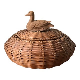 Vintage Carved Wooden Duck on a Round Lidded Basket For Sale