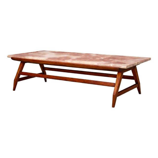 Brazilian Modern Coffee Table in Caviuna wood & Rosé Portuguese Marble Top by Giuseppe Scapinelli, Brazil, 1950s — Lot 884 For Sale