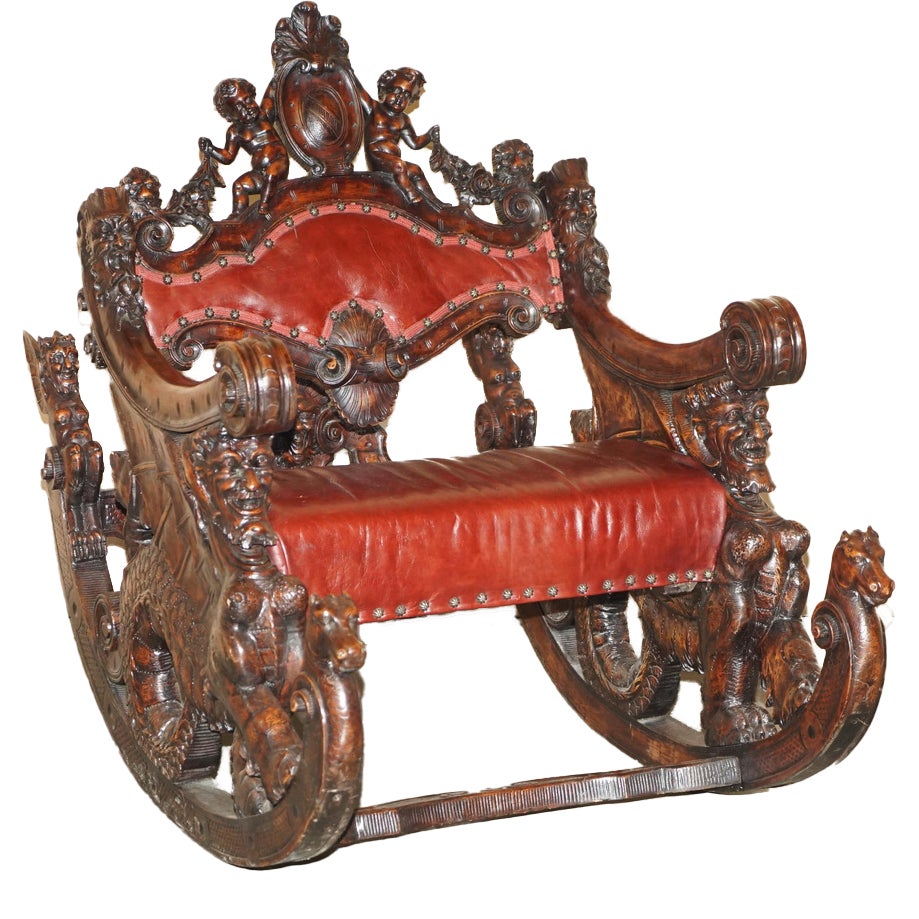 Italian Hand Carved Fruitwood & Leather Rocking Armchair, 1850s | Chairish