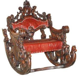 Italian Hand Carved Fruitwood & Leather Rocking Armchair, 1850s