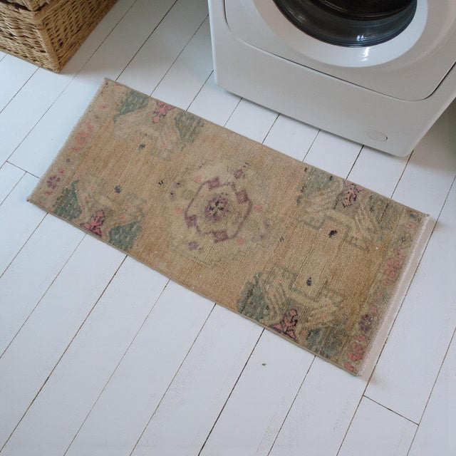 Contemporary Muted Color Small Turkish Rug, 1970s Hand Made Bath Mat Kitchen Decor, Entry Mat - 16″ X 36″ For Sale - Image 3 of 13