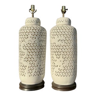 Vintage Mid 20th Century Asian Blanc De Chine Pierced Ceramic Lamps - a Pair For Sale
