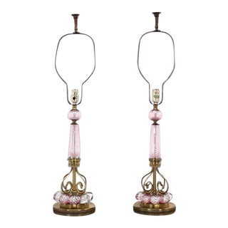 Vintage Mid Century Pink Murano Glass and Brass Table Lamps- a Pair For Sale