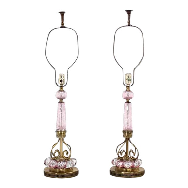 Vintage Mid Century Pink Murano Glass and Brass Table Lamps- a Pair For Sale