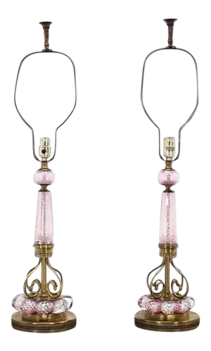 Vintage Mid Century Pink Murano Glass and Brass Table Lamps- a Pair