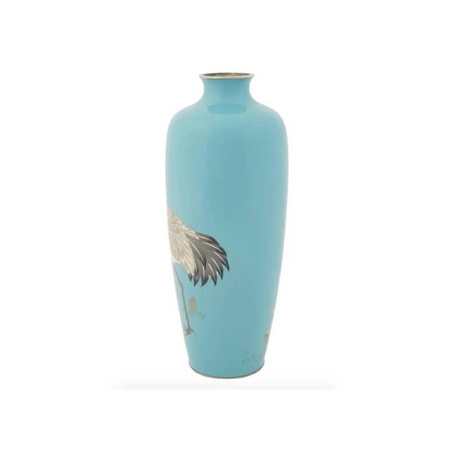 Antique Meiji Japanese Cloisonne Turquoise Enamel Crane Vase Signed Ota For Sale In New York - Image 6 of 7