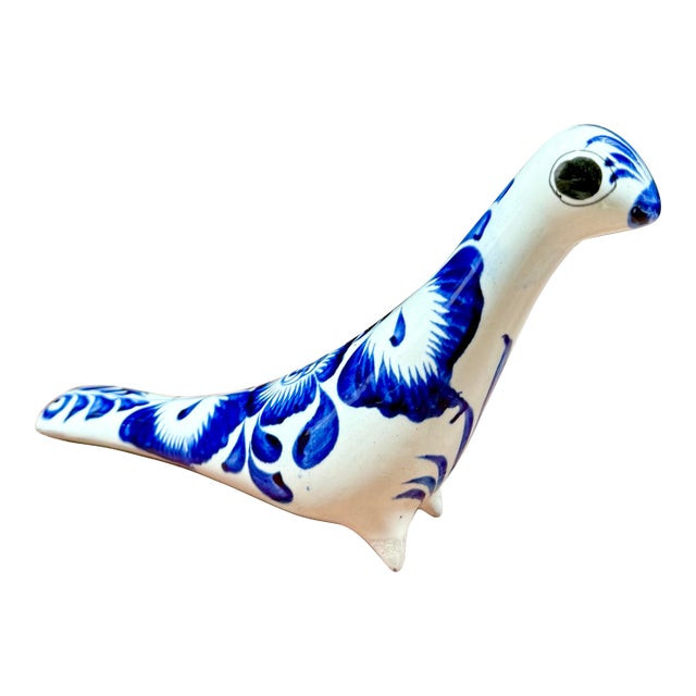 Mexican Folk Art Blue & White Pottery Bird For Sale