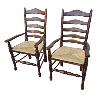2019 Attributed to Theodore Alexander Castle Bromwich Ladderback Rush Seat Dining Arm Chairs, a Pair For Sale
