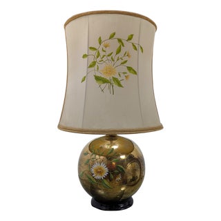 Gilded Ceramic Table Lamp with Floral Decoration by Ghinza, 1970s For Sale