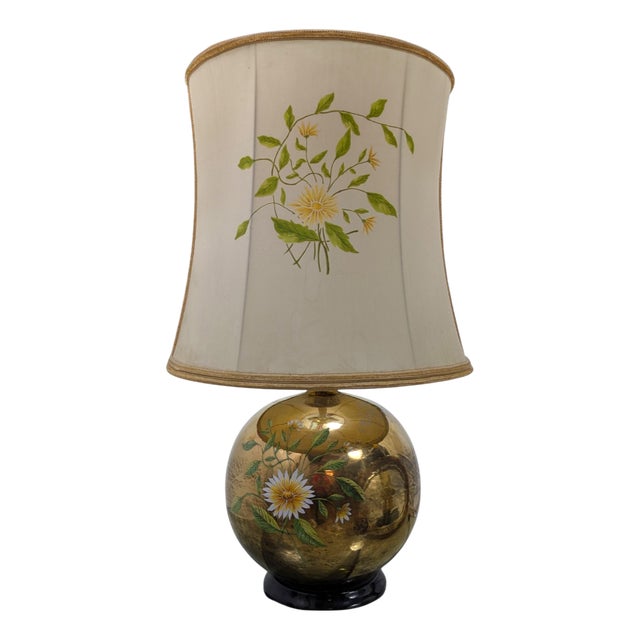 Gilded Ceramic Table Lamp with Floral Decoration by Ghinza, 1970s For Sale