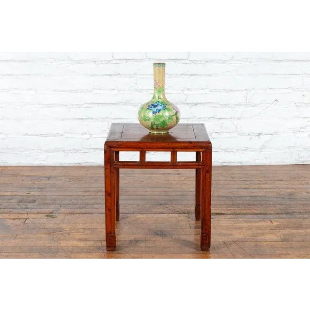 Chinese Vintage Chinese Red Lacquer Side Table with Open Apron & Carved Scrolling Feet For Sale - Image 3 of 13