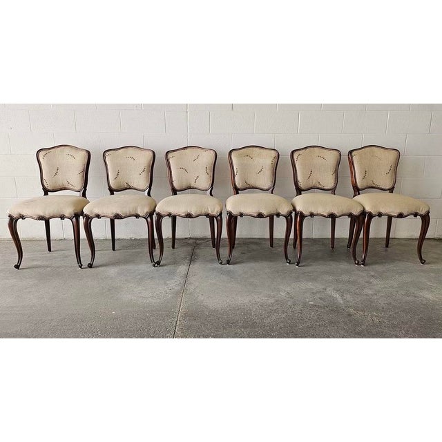 French Set of Six Antique Walnut Dining Chairs in Louis XV Style With Hand-Carved Frames For Sale - Image 3 of 15