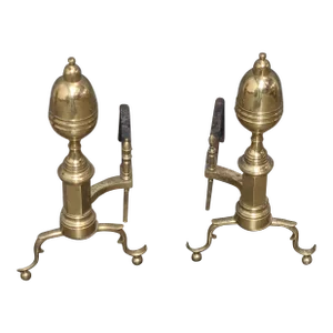 Mid 20th Century Pair of Virginia Metalcrafters Brass Fireplace Andirons With Log Holders