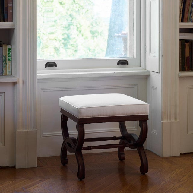 Bunny Williams Home Bunny Williams Home Charlottesville Stool in Mahogany with Cream Linen Upholstery For Sale - Image 4 of 5