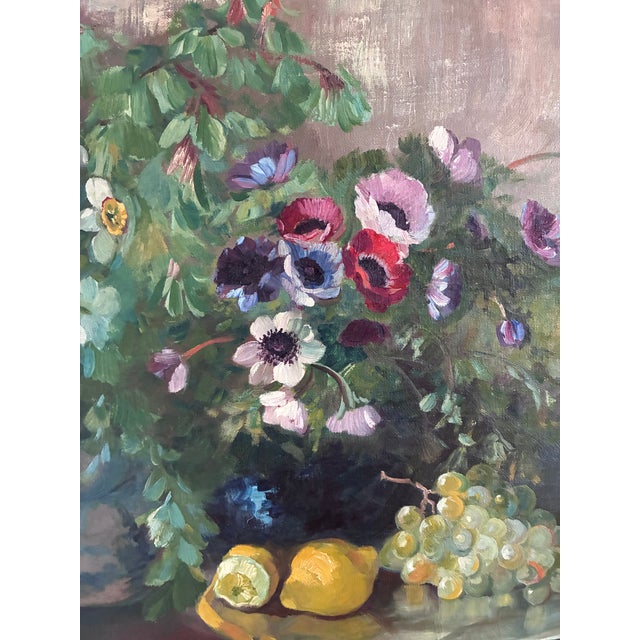 Large Vintage Original Floral Still Life Painting With Fruit For Sale - Image 13 of 18